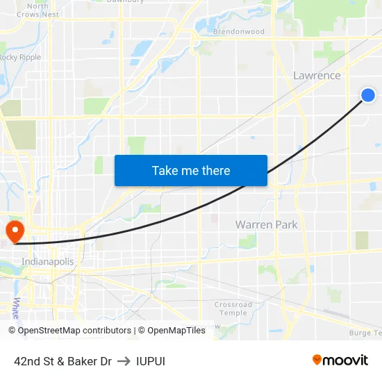 42nd St & Baker Dr to IUPUI map