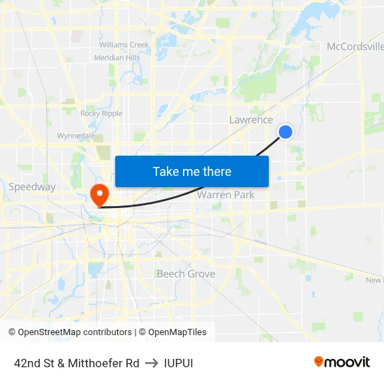 42nd St & Mitthoefer Rd to IUPUI map