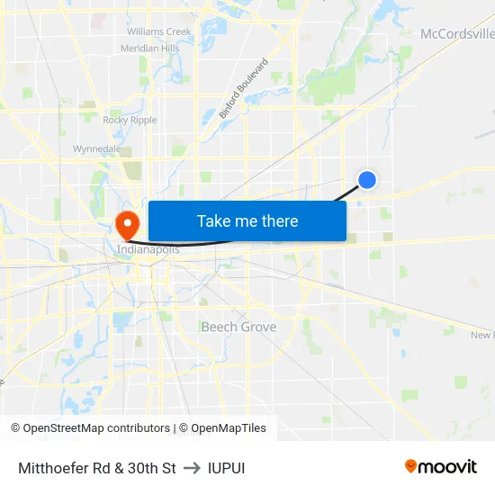 Mitthoefer Rd & 30th St to IUPUI map