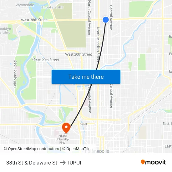38th St & Delaware St to IUPUI map