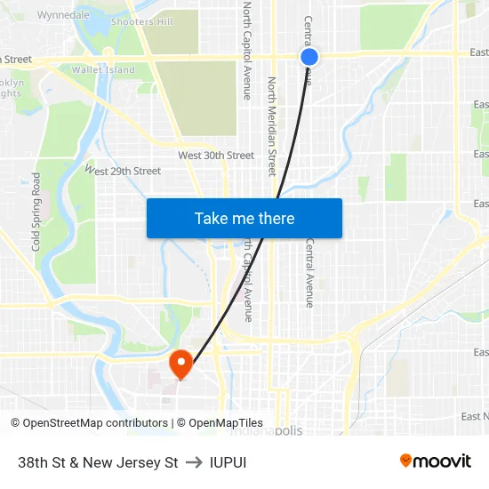 38th St & New Jersey St to IUPUI map