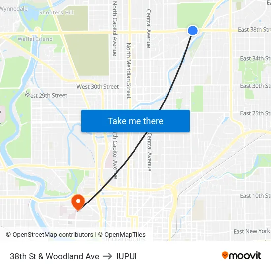 38th St & Woodland Ave to IUPUI map