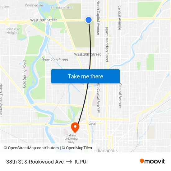 38th St & Rookwood Ave to IUPUI map
