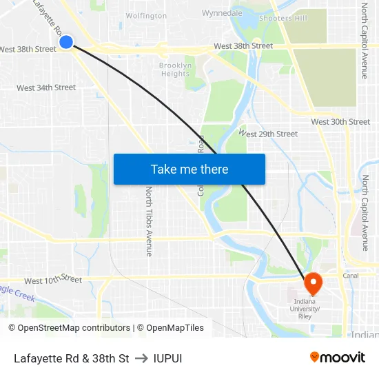 Lafayette Rd & 38th St to IUPUI map