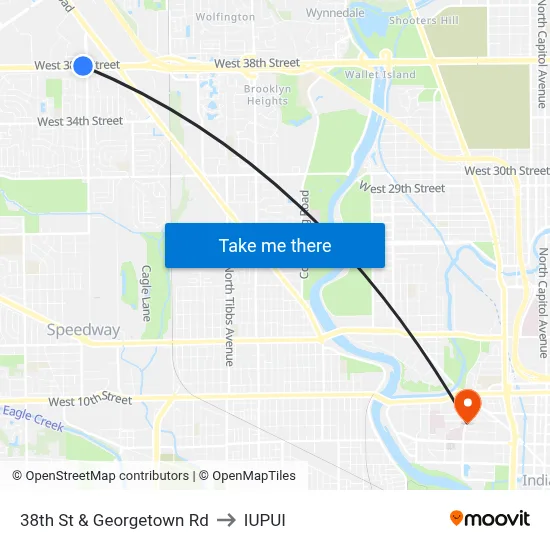 38th St & Georgetown Rd to IUPUI map