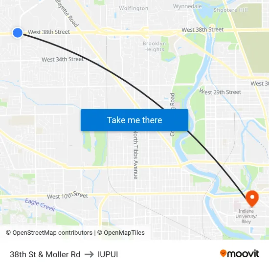 38th St & Moller Rd to IUPUI map
