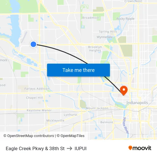Eagle Creek Pkwy & 38th St to IUPUI map