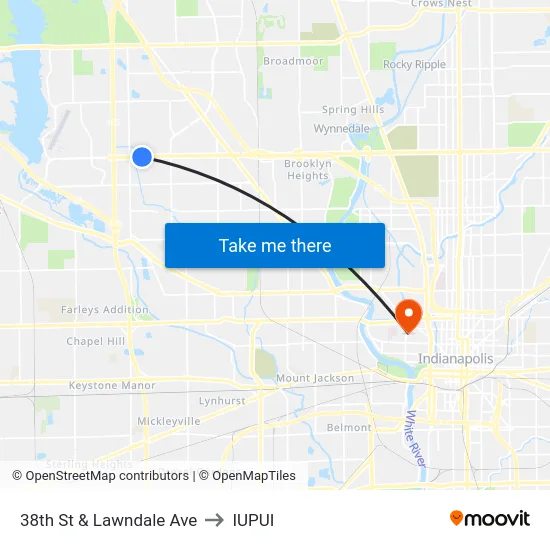 38th St & Lawndale Ave to IUPUI map