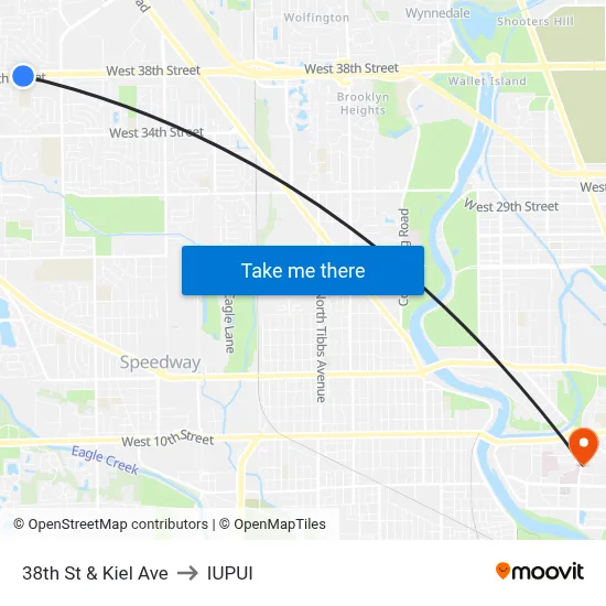 38th St & Kiel Ave to IUPUI map