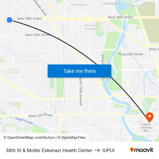 38th St & Moller Eskenazi Health Center to IUPUI map