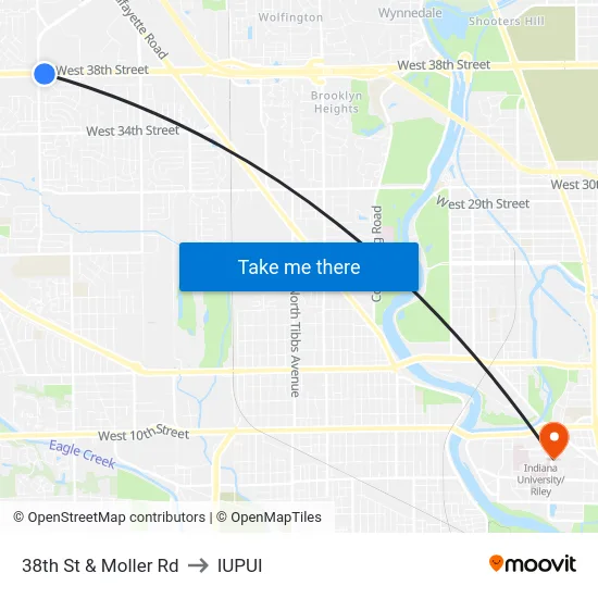 38th St & Moller Rd to IUPUI map