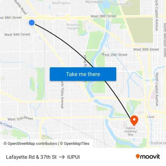 Lafayette Rd & 37th St to IUPUI map
