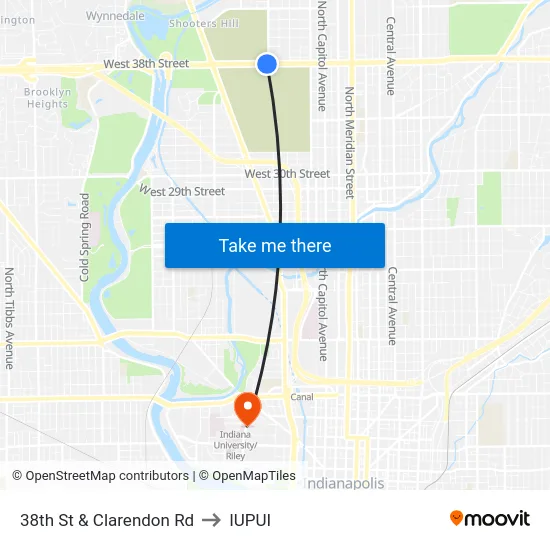 38th St & Clarendon Rd to IUPUI map
