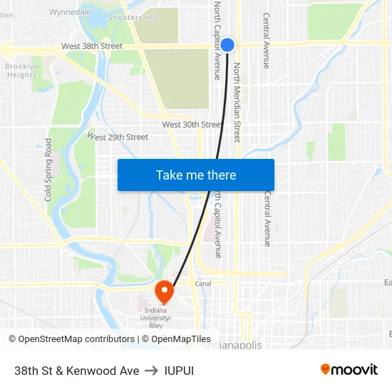 38th St & Kenwood Ave to IUPUI map