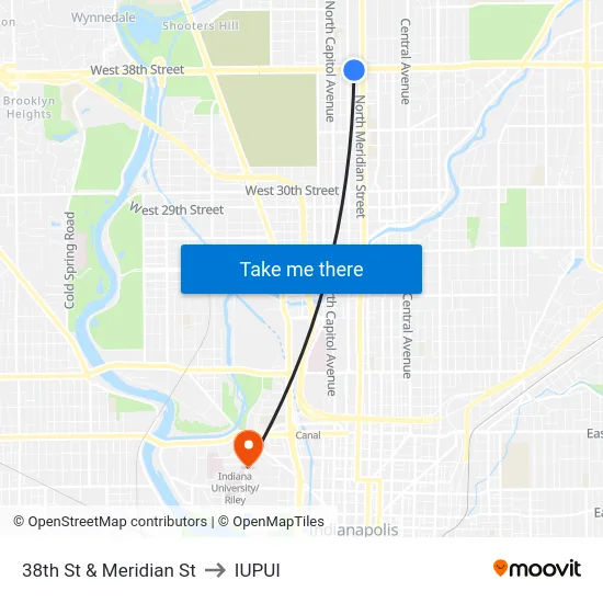 38th St & Meridian St to IUPUI map