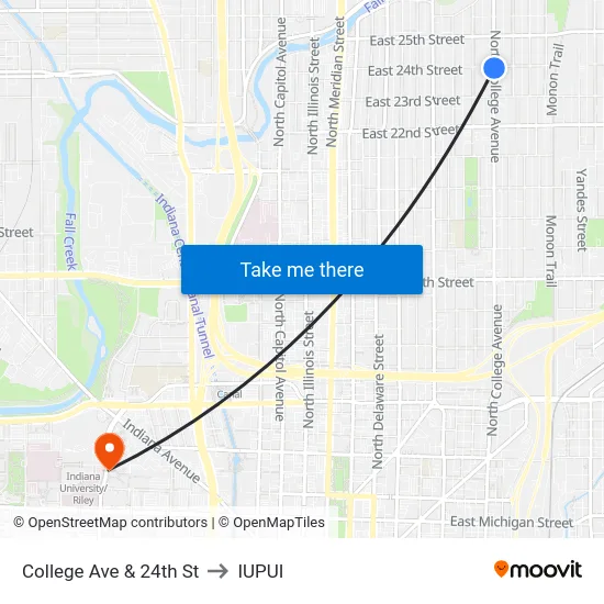 College Ave & 24th St to IUPUI map