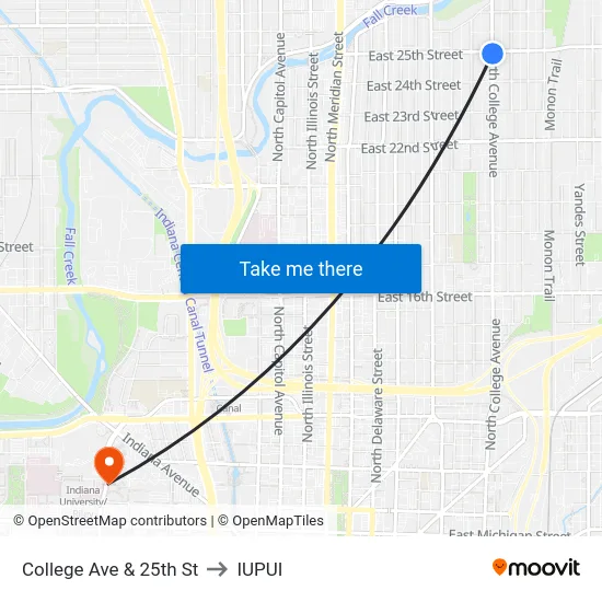 College Ave & 25th St to IUPUI map