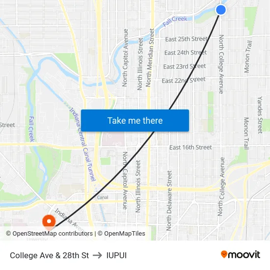 College Ave & 28th St to IUPUI map