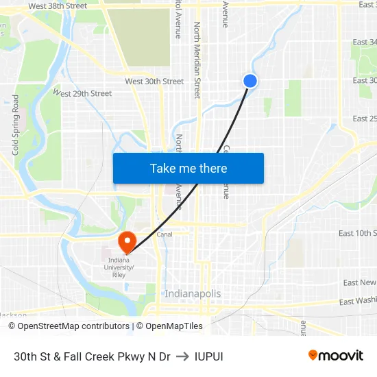 30th St & Fall Creek Pkwy N Dr to IUPUI map