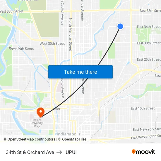 34th St & Orchard Ave to IUPUI map