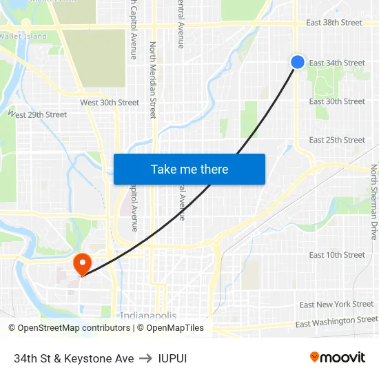 34th St & Keystone Ave to IUPUI map