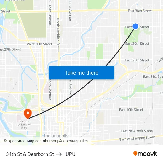 34th St & Dearborn St to IUPUI map