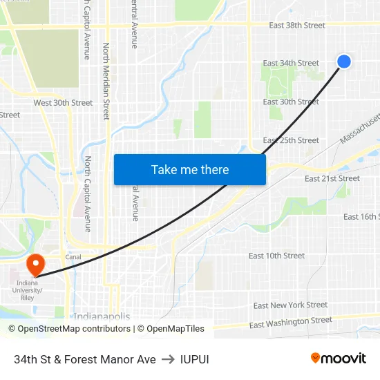 34th St & Forest Manor Ave to IUPUI map