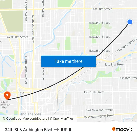 34th St & Arthington Blvd to IUPUI map