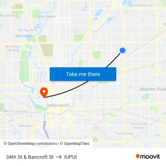 34th St & Bancroft St to IUPUI map
