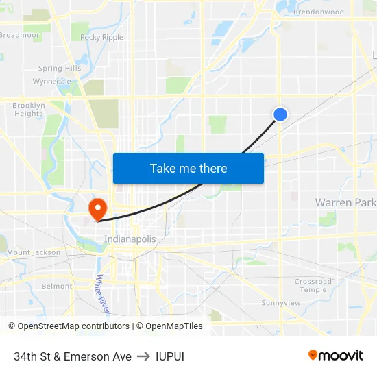 34th St & Emerson Ave to IUPUI map