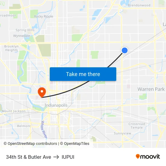 34th St & Butler Ave to IUPUI map