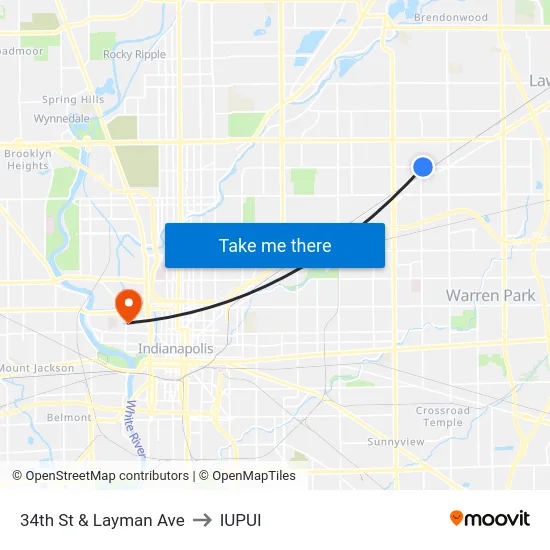 34th St & Layman Ave to IUPUI map