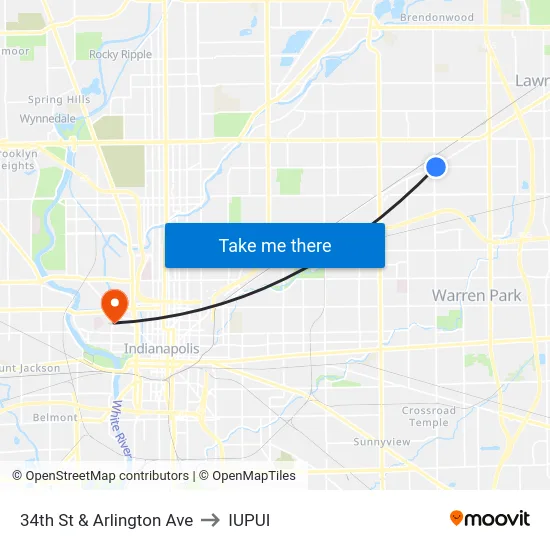 34th St & Arlington Ave to IUPUI map