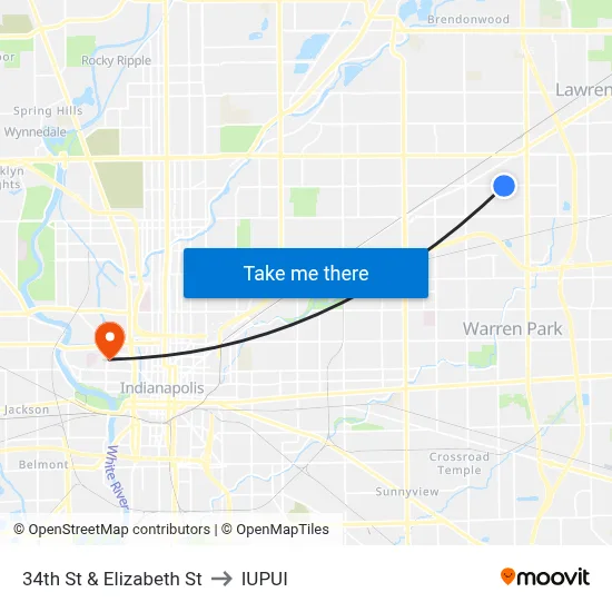 34th St & Elizabeth St to IUPUI map