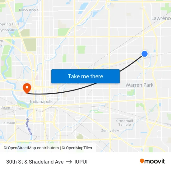 30th St & Shadeland Ave to IUPUI map