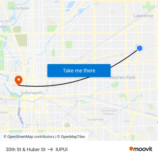 30th St & Huber St to IUPUI map