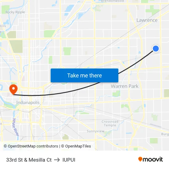 33rd St & Mesilla Ct to IUPUI map