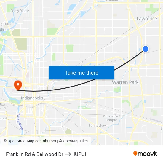 Franklin Rd & Bellwood Dr to IUPUI map