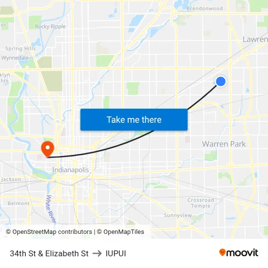 34th St & Elizabeth St to IUPUI map