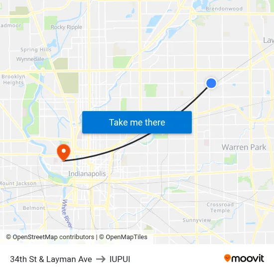 34th St & Layman Ave to IUPUI map