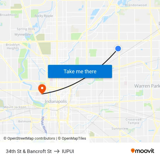 34th St & Bancroft St to IUPUI map