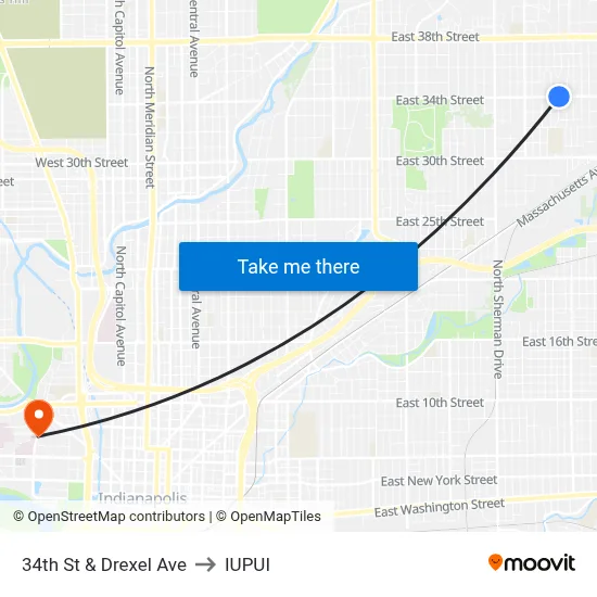 34th St & Drexel Ave to IUPUI map