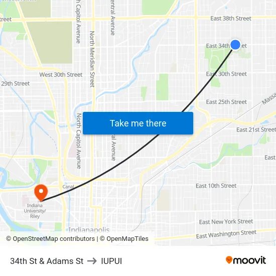 34th St & Adams St to IUPUI map