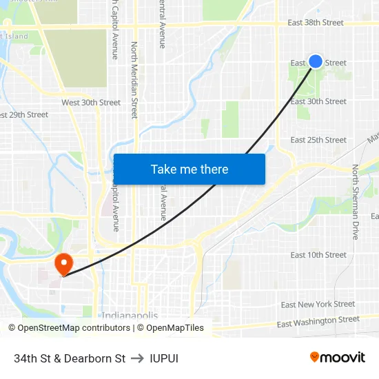 34th St & Dearborn St to IUPUI map