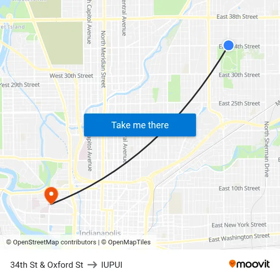 34th St & Oxford St to IUPUI map