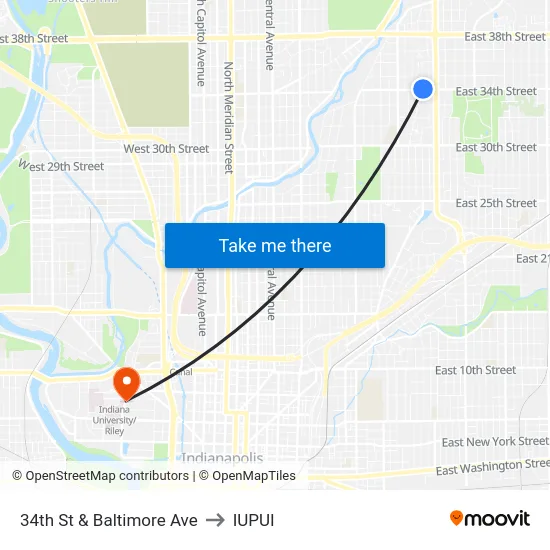 34th St & Baltimore Ave to IUPUI map