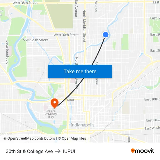 30th St & College Ave to IUPUI map