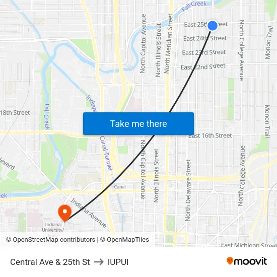 Central Ave & 25th St to IUPUI map