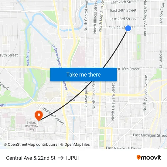 Central Ave & 22nd St to IUPUI map