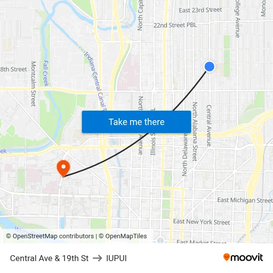 Central Ave & 19th St to IUPUI map